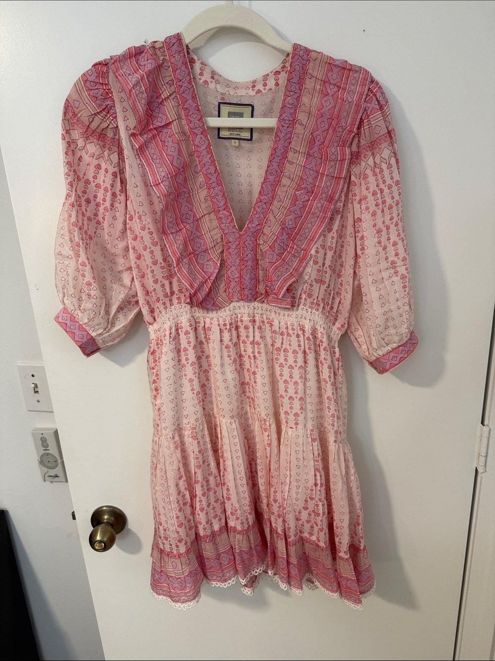 Bell Light Pink Boho with tiny Hearts and Ruffle V-Neck Dress